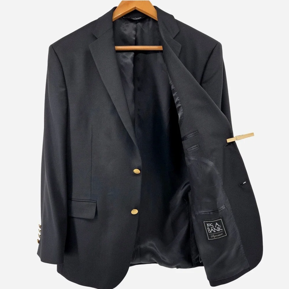 Jos. A.‎ Bank Blazer 42R Black Signature Superfine Wool Gold Buttons Sport Coat